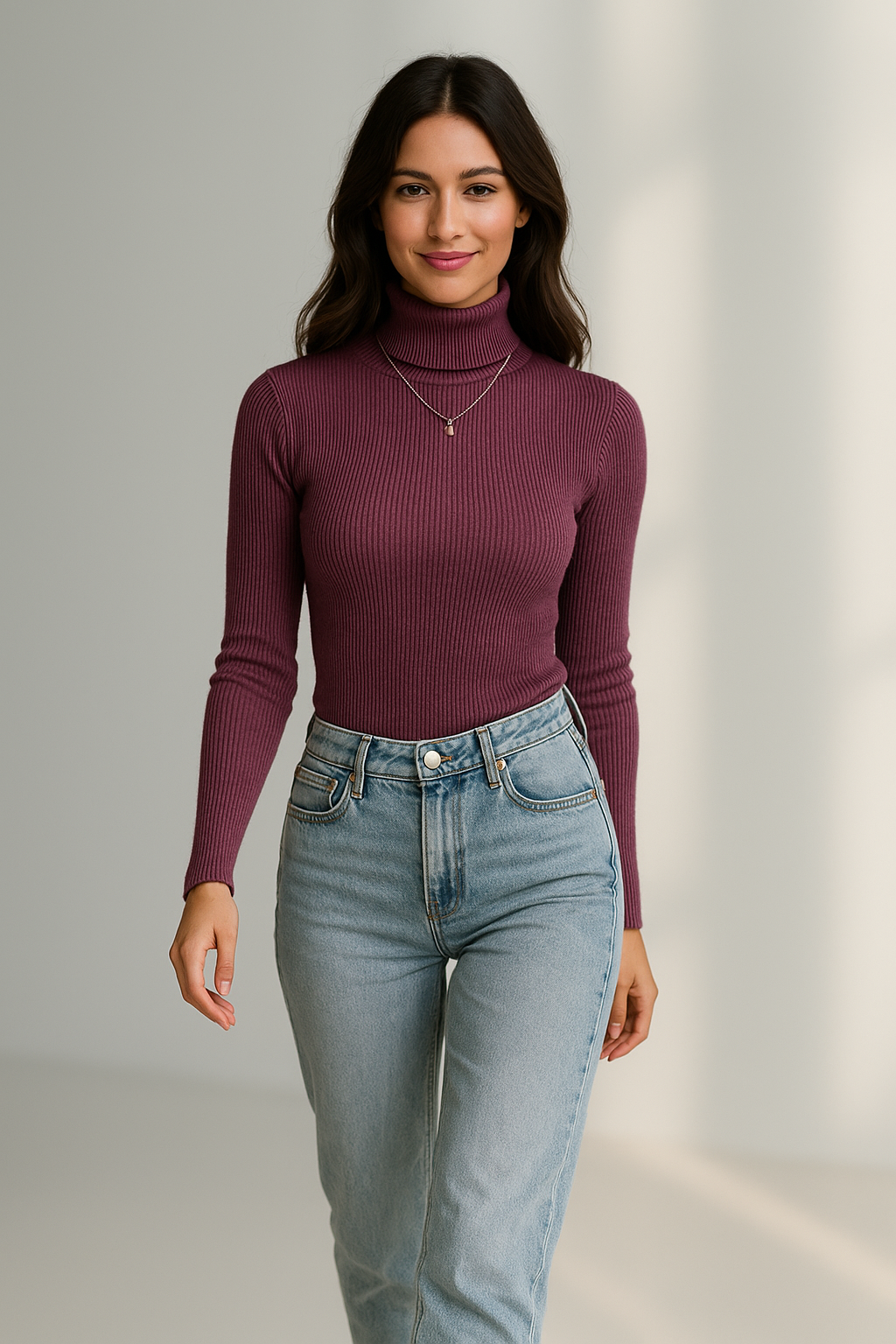 Rødbrun ribbet turtleneck-sweater med lange ærmer til kvinder
