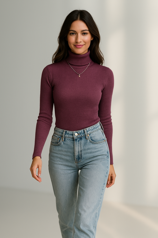Rødbrun ribbet turtleneck-sweater med lange ærmer til kvinder