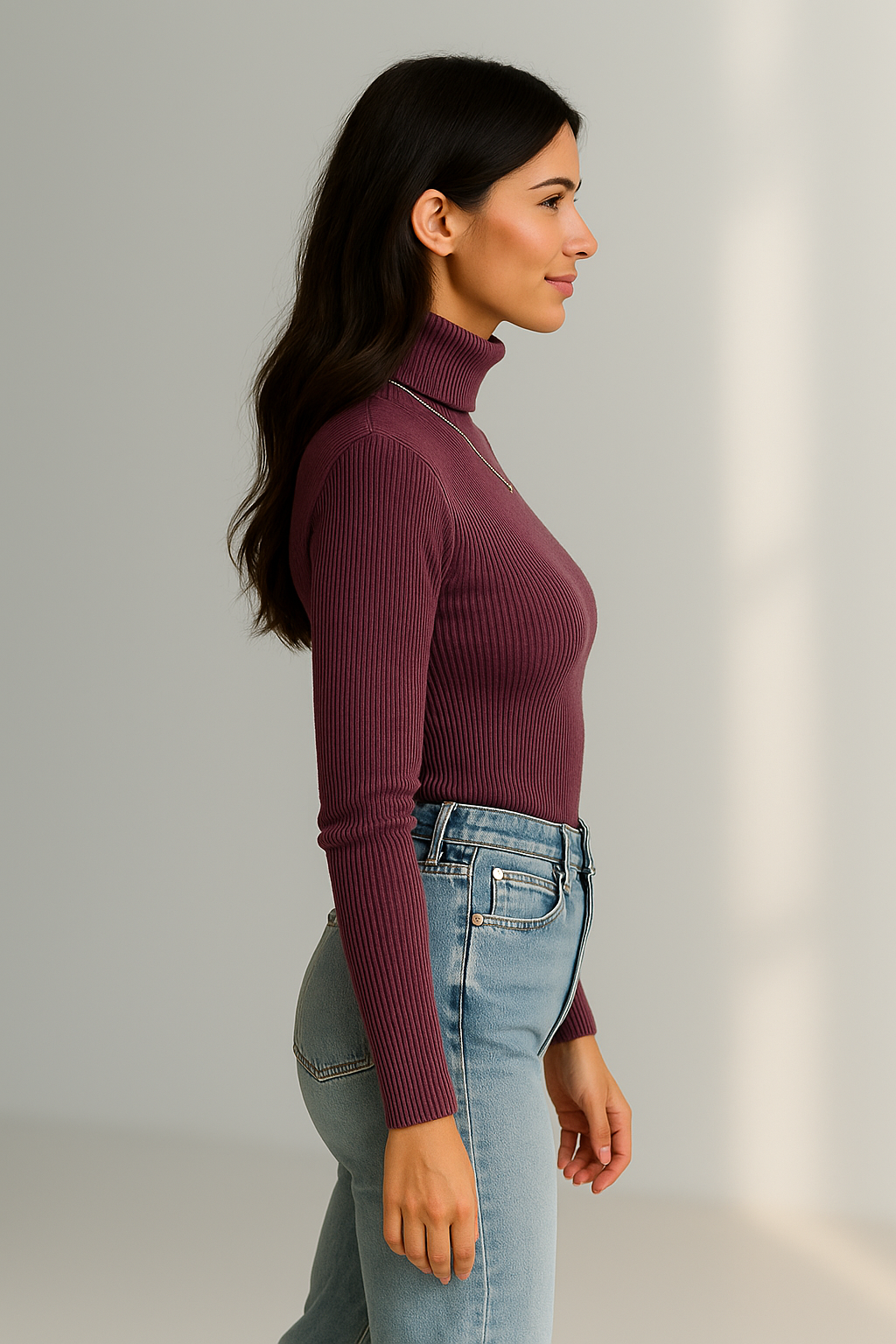 Rødbrun ribbet turtleneck-sweater med lange ærmer til kvinder