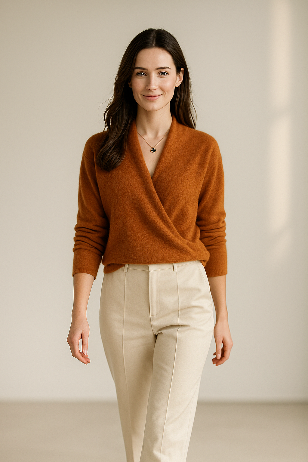 Brun uld-kashmir pullover med V-hals til kvinder