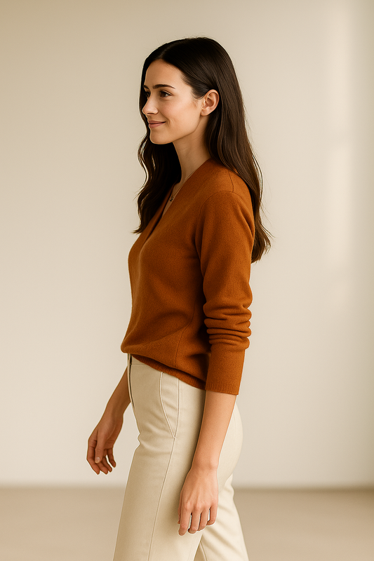 Brun uld-kashmir pullover med V-hals til kvinder