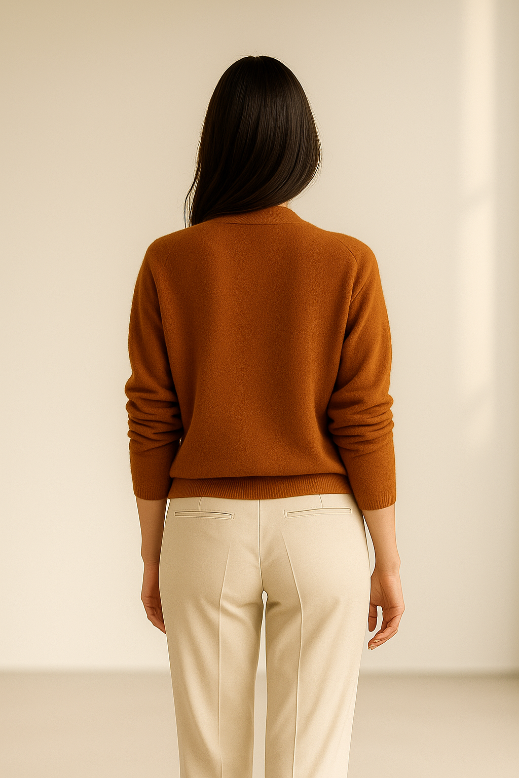 Brun uld-kashmir pullover med V-hals til kvinder