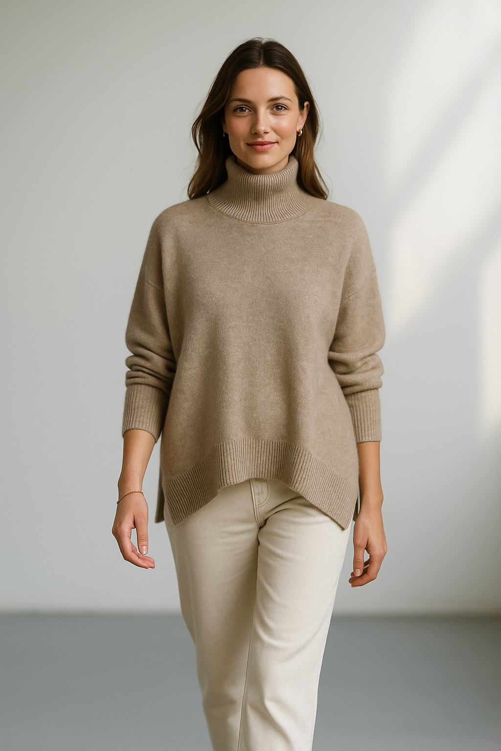 Beige cashmere-rullekravesweater med lange ærmer til kvinder