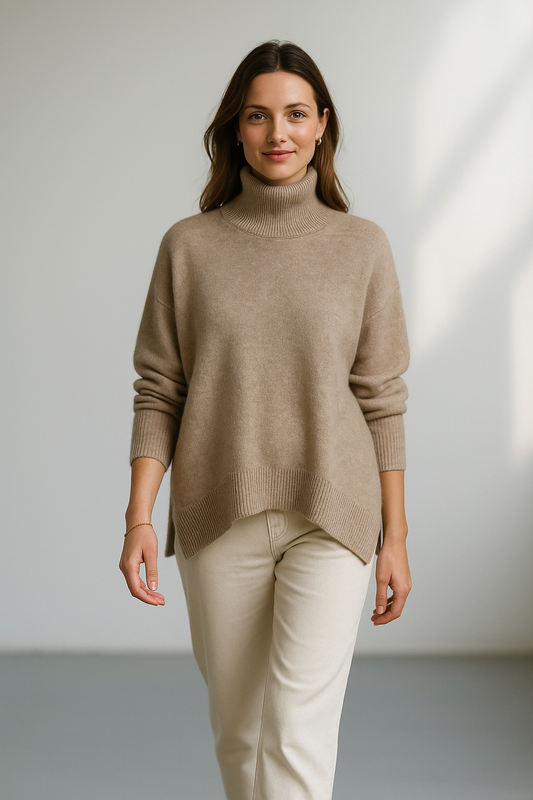 Beige cashmere-rullekravesweater med lange ærmer til kvinder