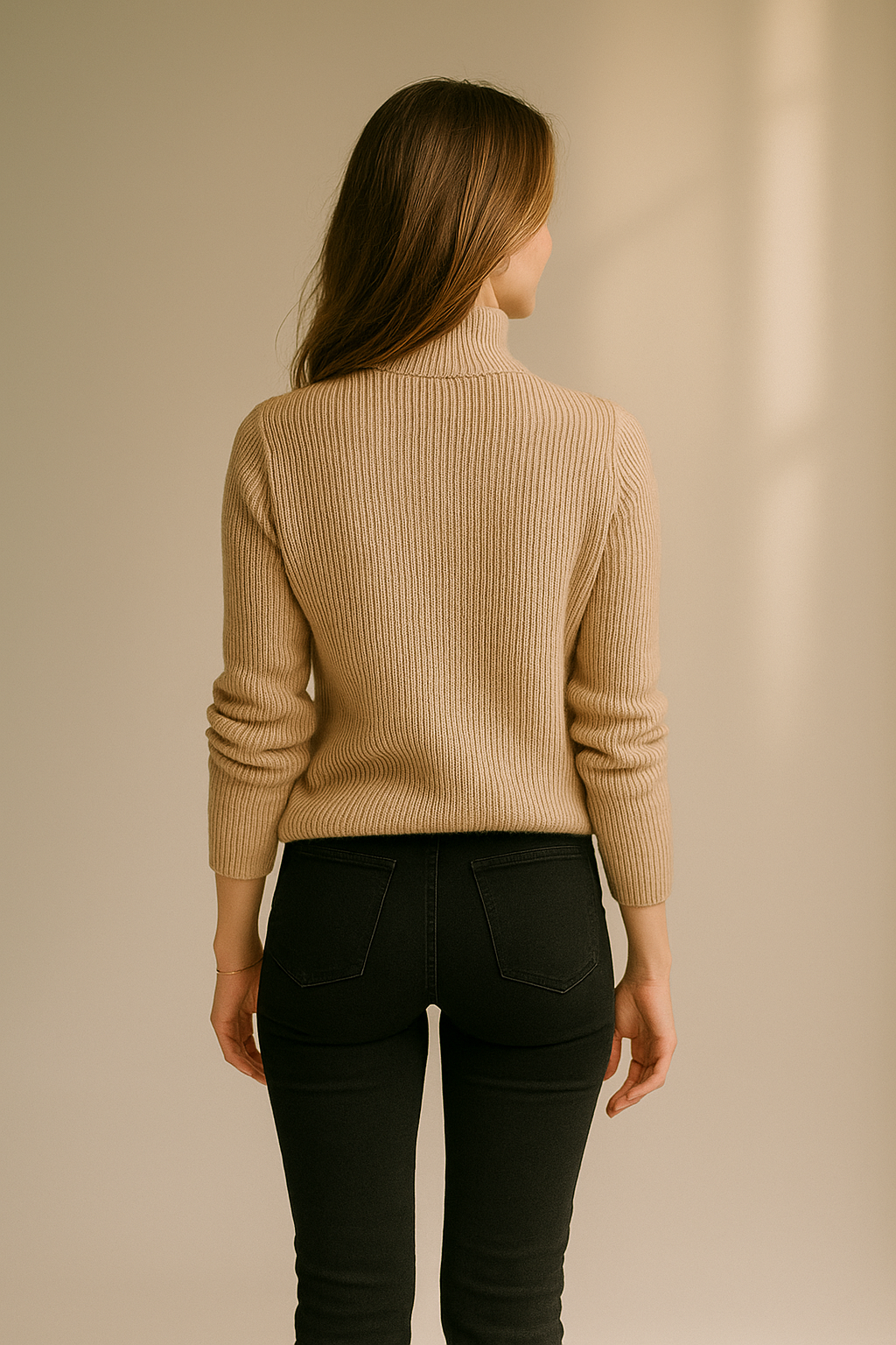 Beige ribbet turtleneck-sweater til kvinder med halv lynlåsdetalje