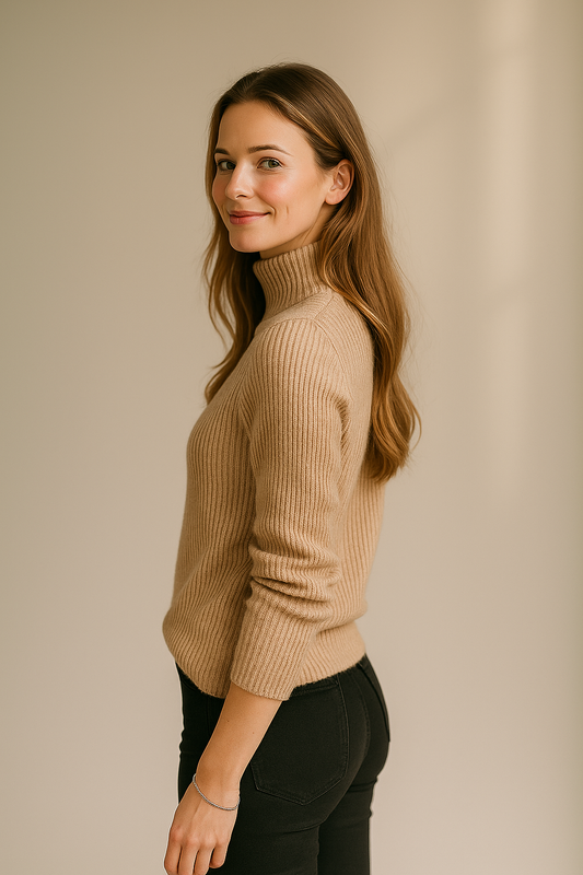 Beige ribbet turtleneck-sweater til kvinder med halv lynlåsdetalje